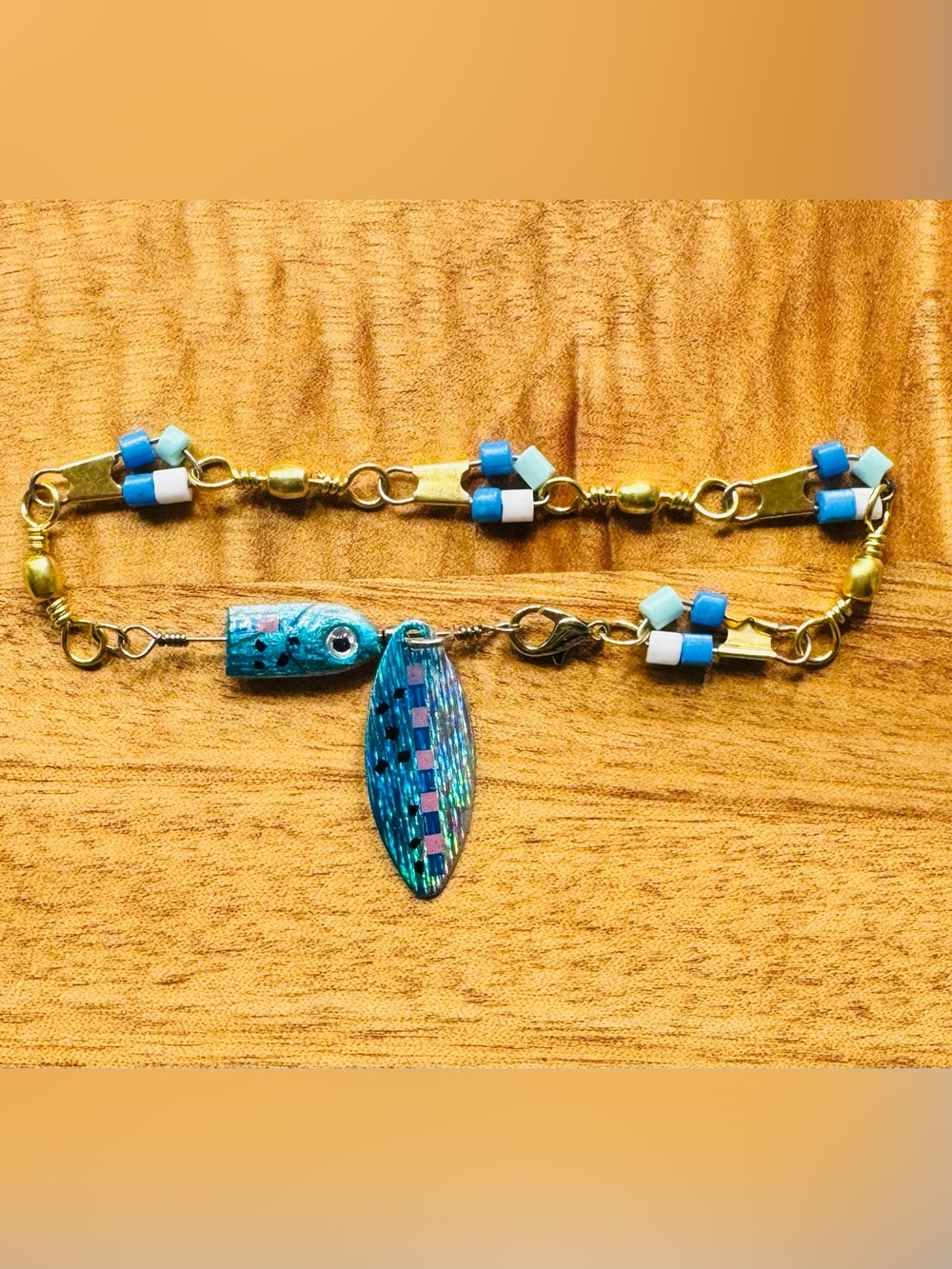 Handcrafted Blue Beaded fishing lure Gold-Tone Bracelet